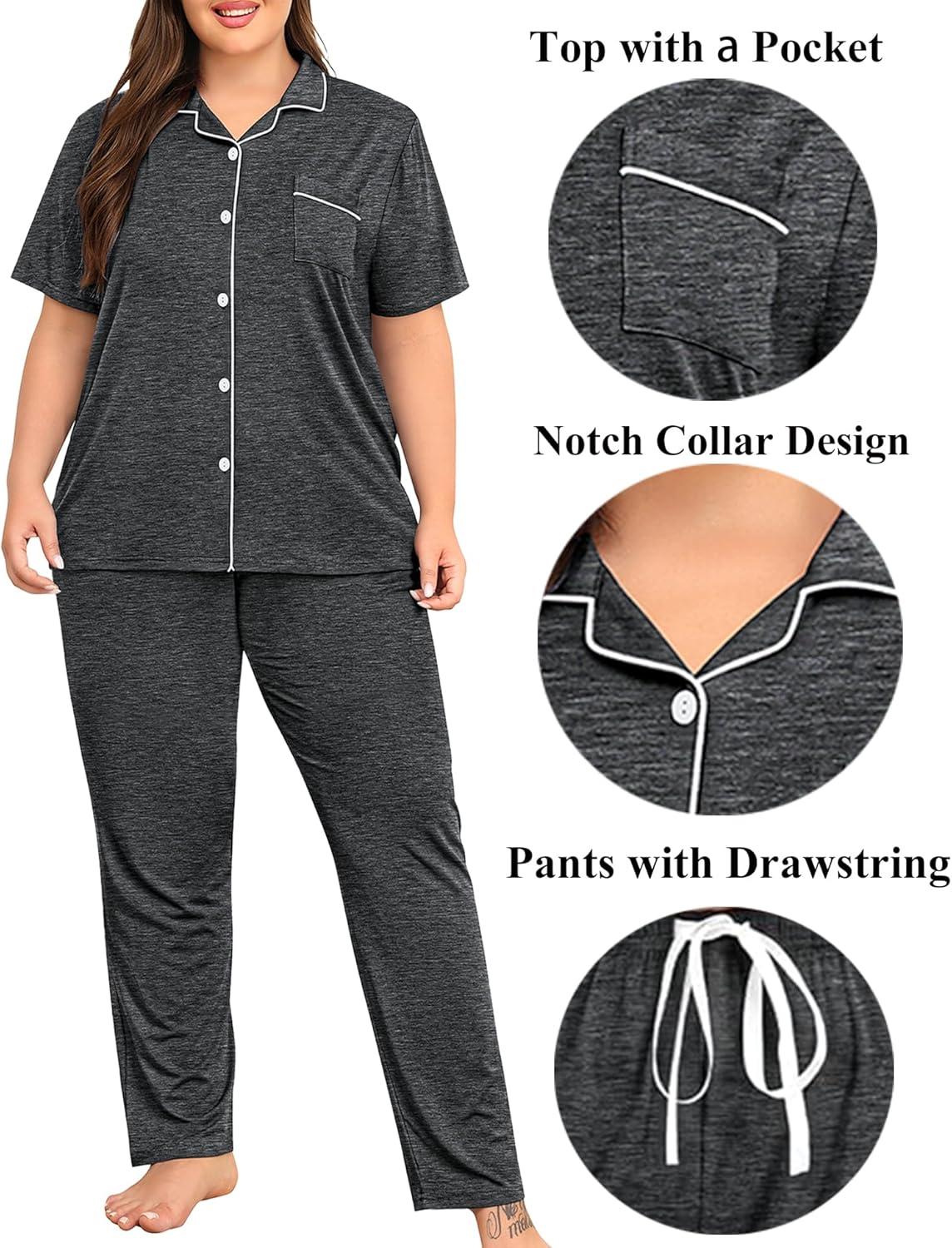 imageSWOMOG Womens Plus Size Pajama Set Short Sleeve Sleepwear Top and Pants Button Up Pajamas for Women LoungewearDeep Grey