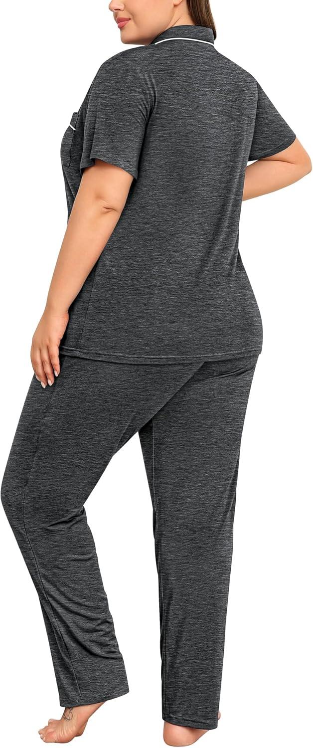 imageSWOMOG Womens Plus Size Pajama Set Short Sleeve Sleepwear Top and Pants Button Up Pajamas for Women LoungewearDeep Grey