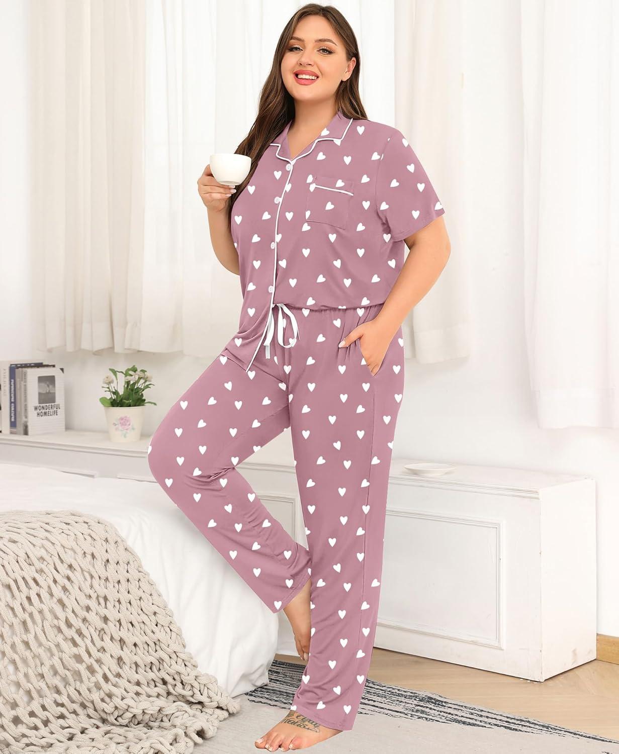 imageSWOMOG Womens Plus Size Pajama Set Short Sleeve Sleepwear Top and Pants Button Up Pajamas for Women LoungewearHeart