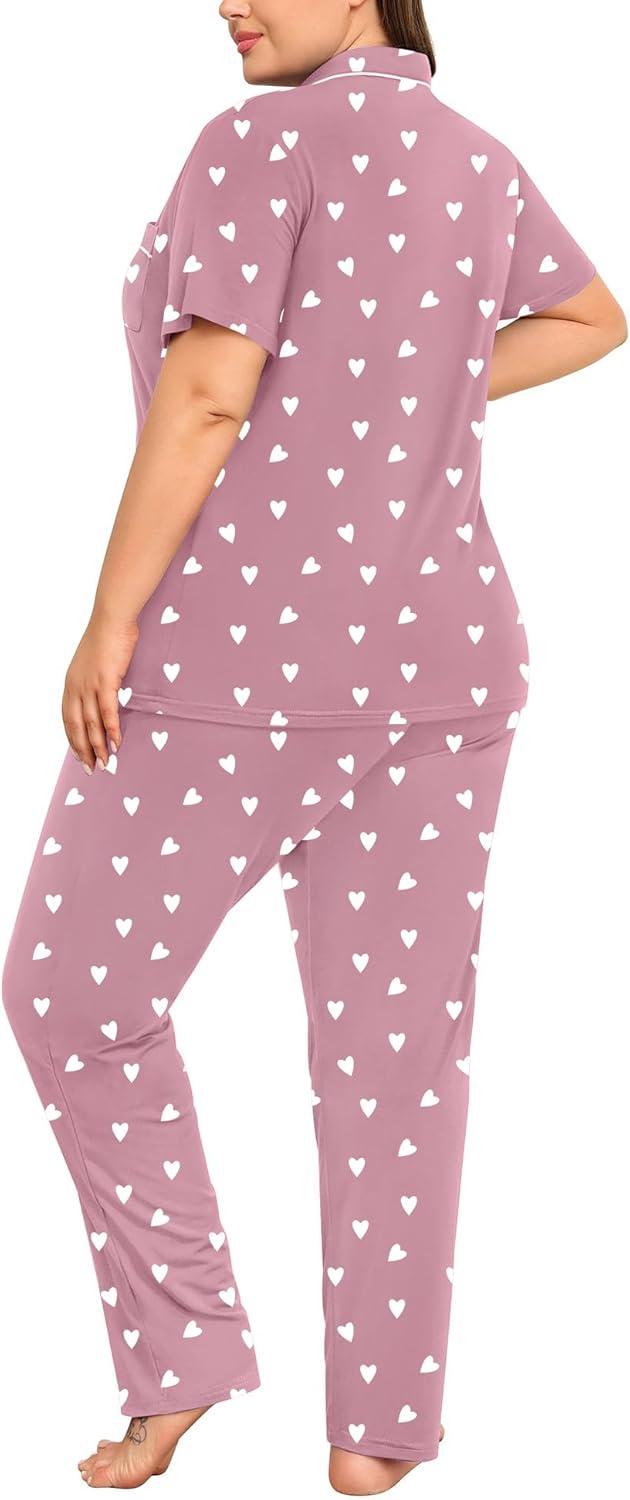 imageSWOMOG Womens Plus Size Pajama Set Short Sleeve Sleepwear Top and Pants Button Up Pajamas for Women LoungewearHeart