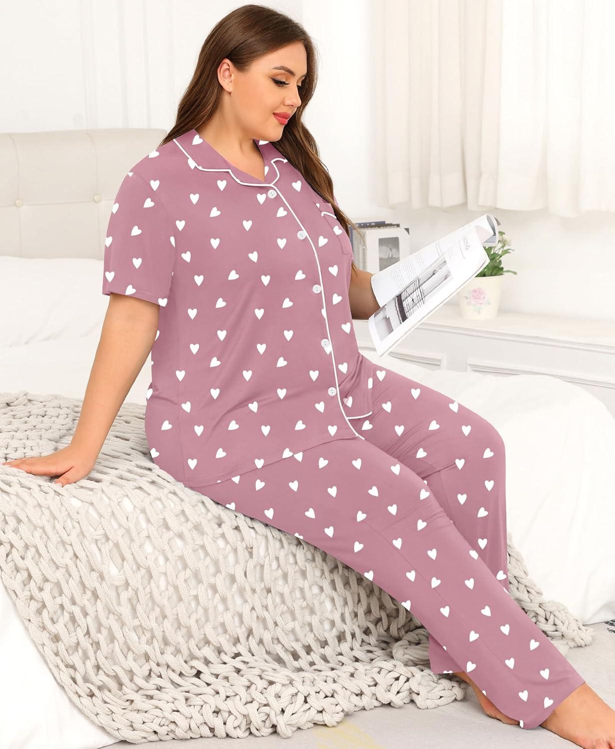 imageSWOMOG Womens Plus Size Pajama Set Short Sleeve Sleepwear Top and Pants Button Up Pajamas for Women LoungewearHeart
