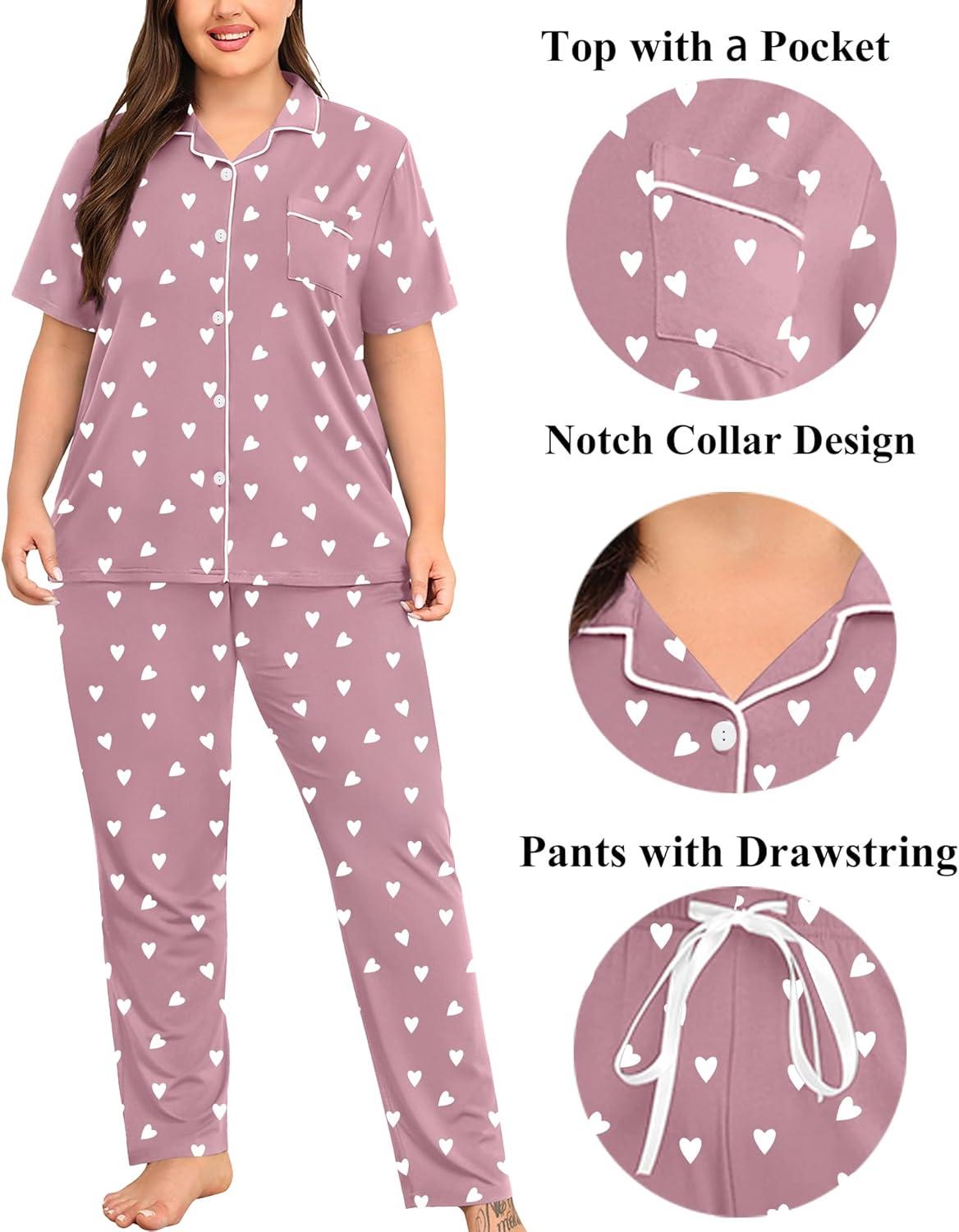 imageSWOMOG Womens Plus Size Pajama Set Short Sleeve Sleepwear Top and Pants Button Up Pajamas for Women LoungewearHeart