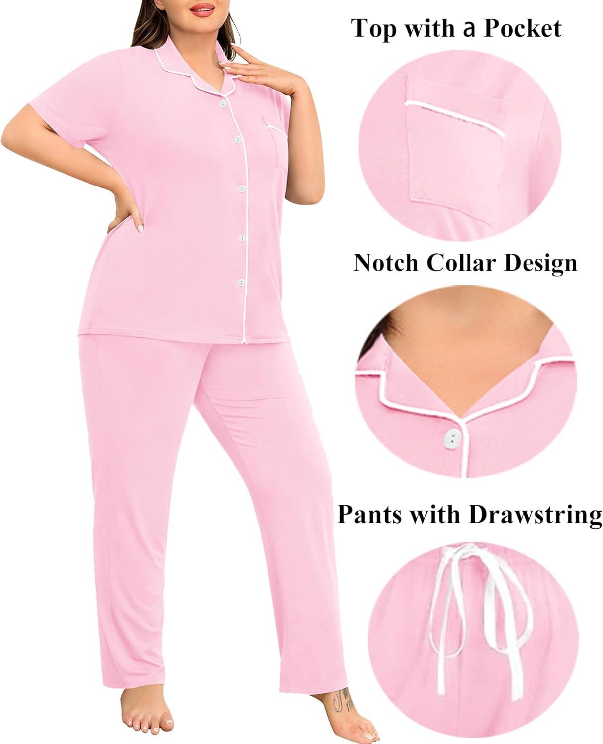 imageSWOMOG Womens Plus Size Pajama Set Short Sleeve Sleepwear Top and Pants Button Up Pajamas for Women LoungewearPink