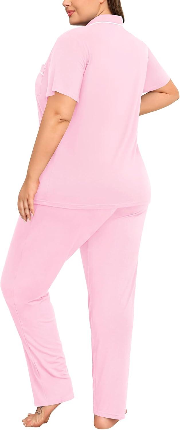 imageSWOMOG Womens Plus Size Pajama Set Short Sleeve Sleepwear Top and Pants Button Up Pajamas for Women LoungewearPink