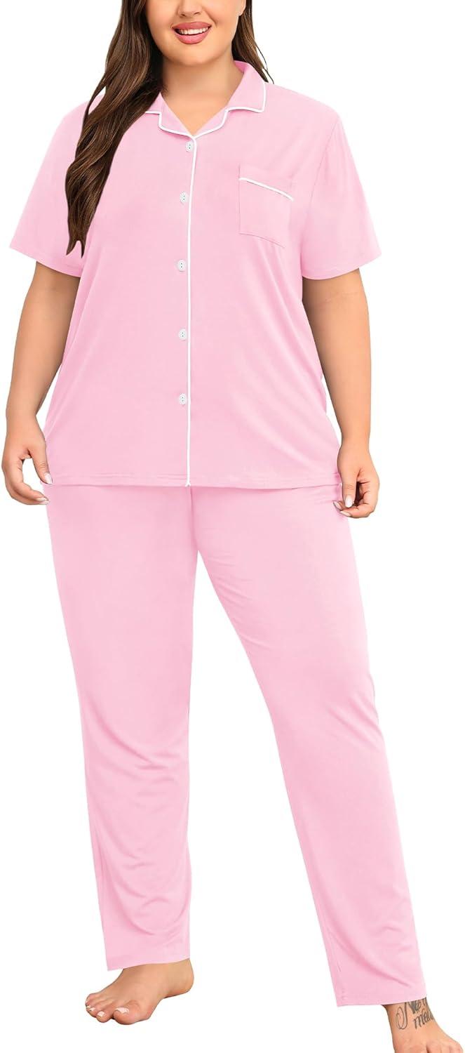imageSWOMOG Womens Plus Size Pajama Set Short Sleeve Sleepwear Top and Pants Button Up Pajamas for Women LoungewearPink