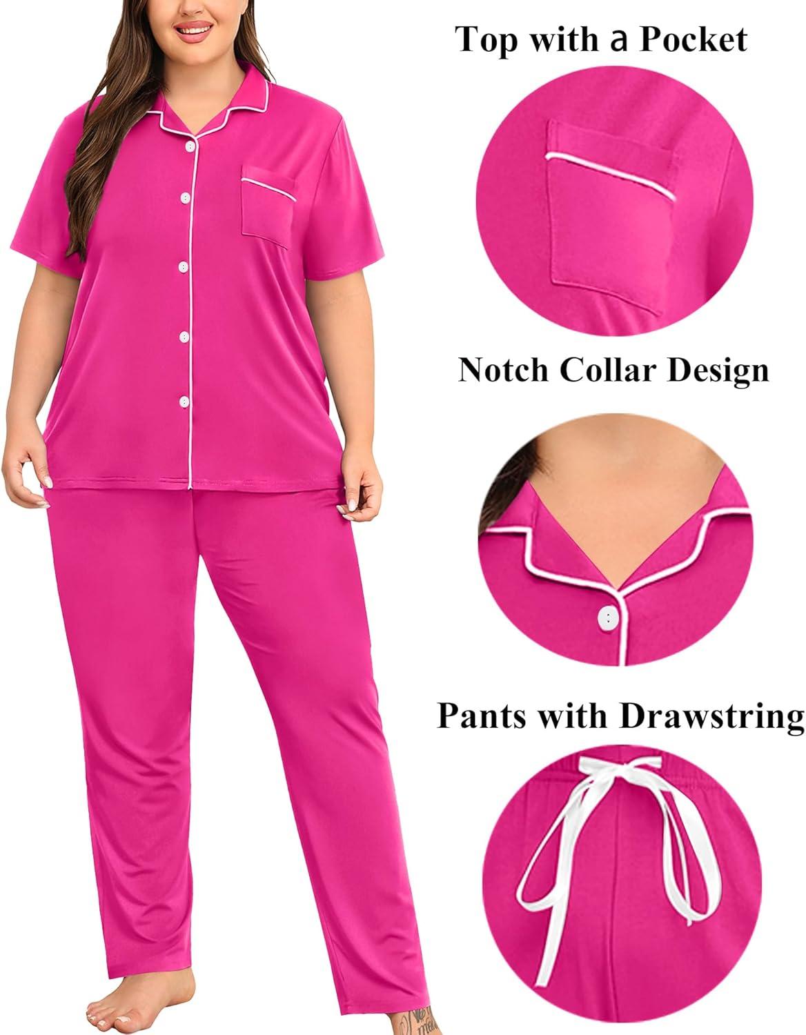 imageSWOMOG Womens Plus Size Pajama Set Short Sleeve Sleepwear Top and Pants Button Up Pajamas for Women LoungewearRose Red