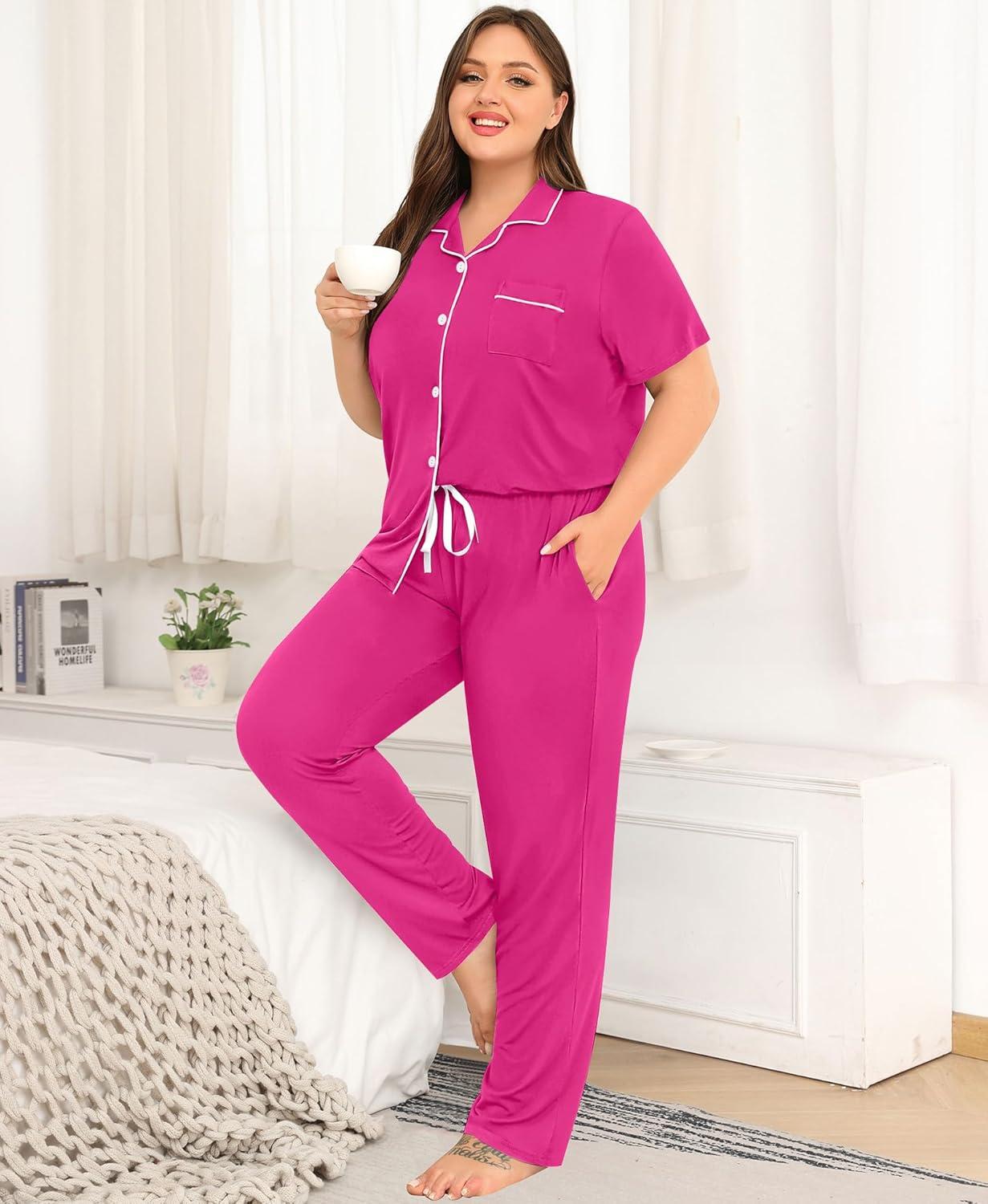 imageSWOMOG Womens Plus Size Pajama Set Short Sleeve Sleepwear Top and Pants Button Up Pajamas for Women LoungewearRose Red