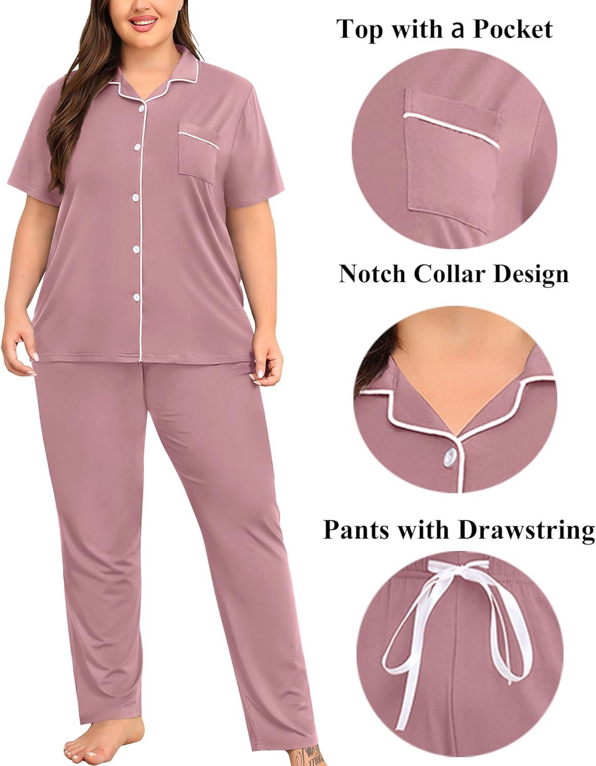 imageSWOMOG Womens Plus Size Pajama Set Short Sleeve Sleepwear Top and Pants Button Up Pajamas for Women LoungewearTaro Purple