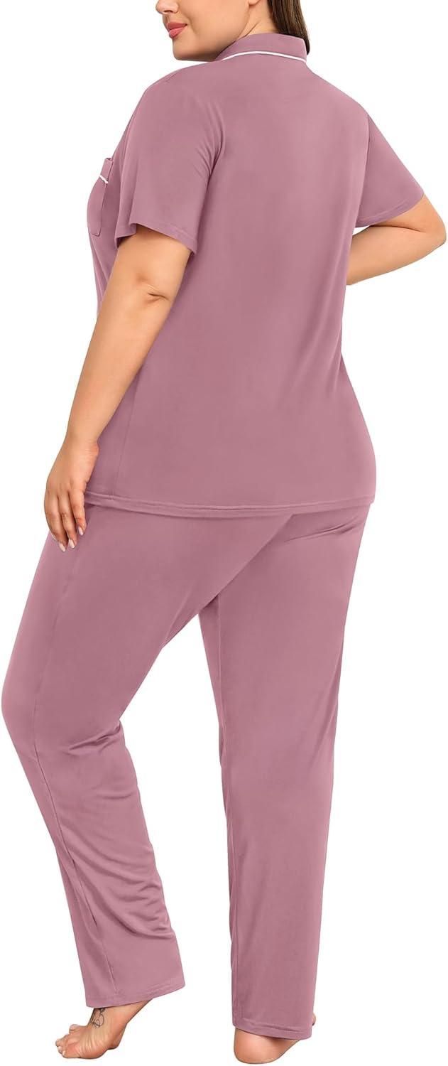 imageSWOMOG Womens Plus Size Pajama Set Short Sleeve Sleepwear Top and Pants Button Up Pajamas for Women LoungewearTaro Purple