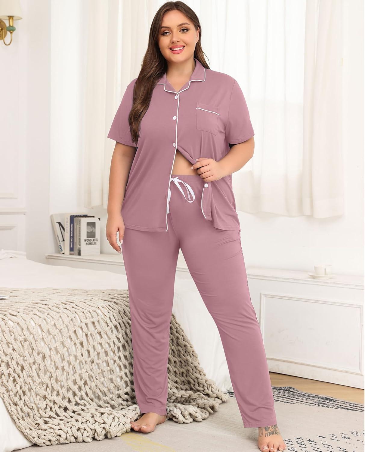 imageSWOMOG Womens Plus Size Pajama Set Short Sleeve Sleepwear Top and Pants Button Up Pajamas for Women LoungewearTaro Purple