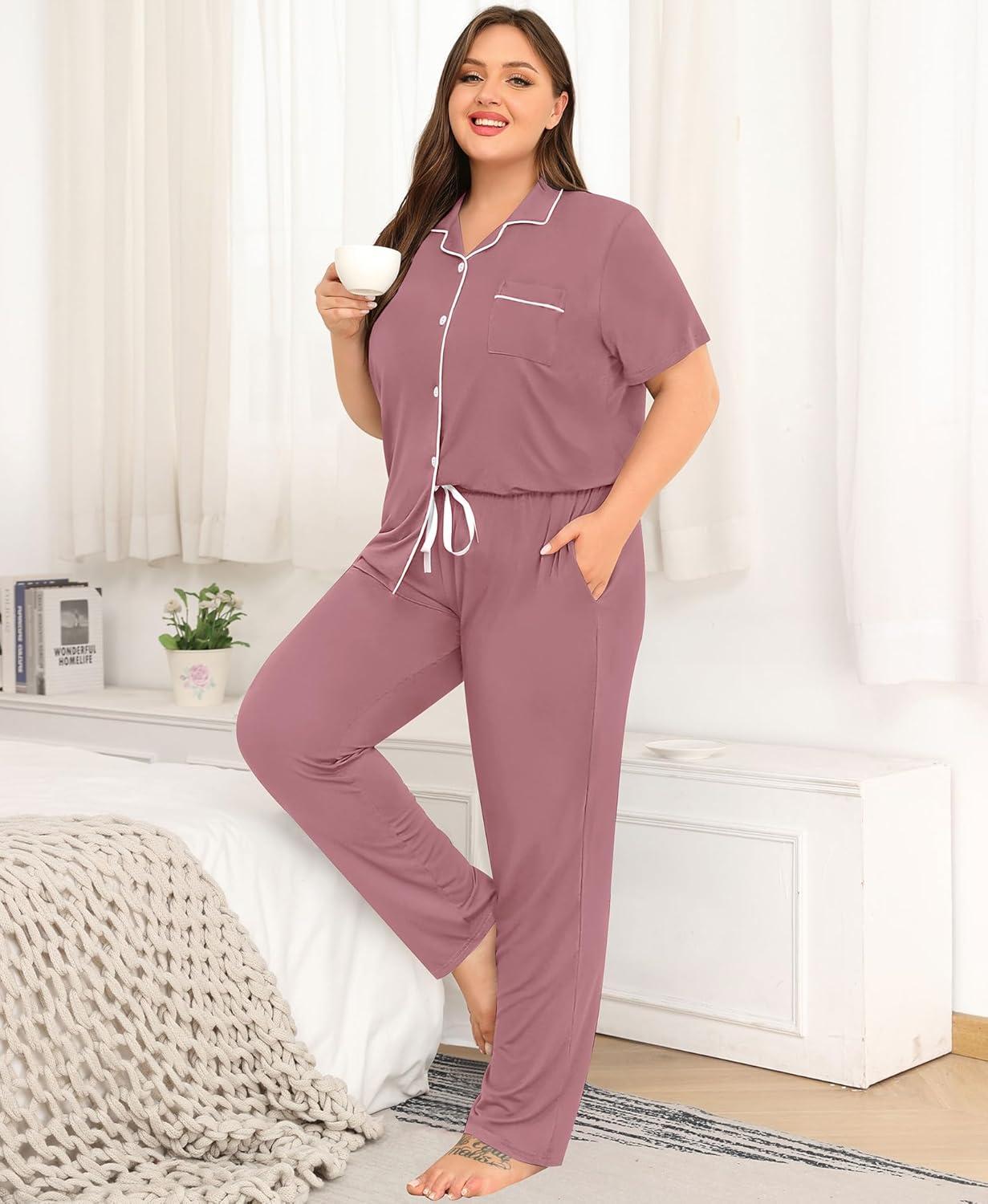 imageSWOMOG Womens Plus Size Pajama Set Short Sleeve Sleepwear Top and Pants Button Up Pajamas for Women LoungewearTaro Purple