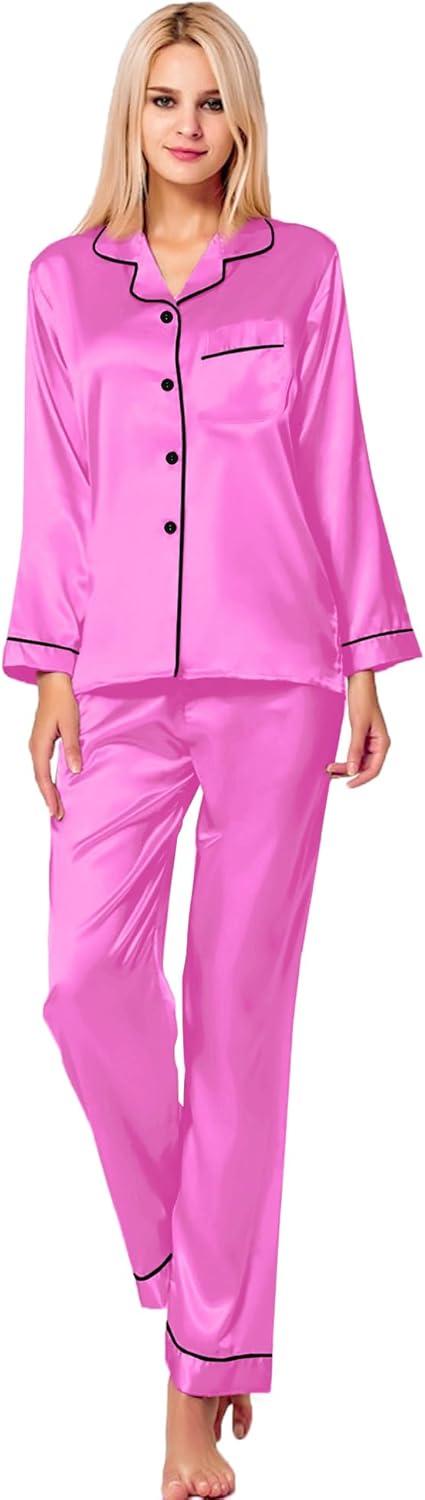 imageSWOMOG Womens Silk Satin Pajamas Set Long Sleeve Button Down Sleepwear 2 Piece Lounge Set Pj Set XS3XLBarbiecore