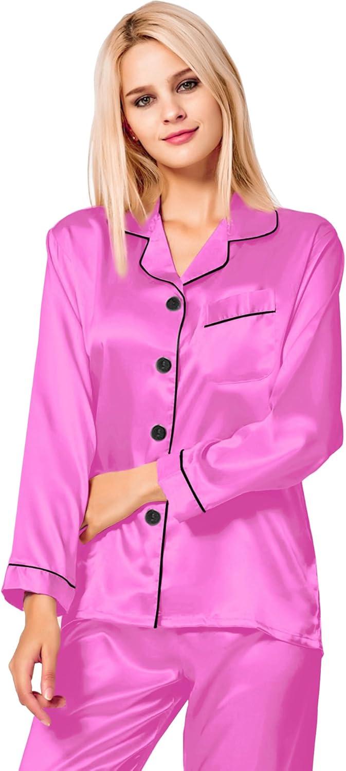 imageSWOMOG Womens Silk Satin Pajamas Set Long Sleeve Button Down Sleepwear 2 Piece Lounge Set Pj Set XS3XLBarbiecore