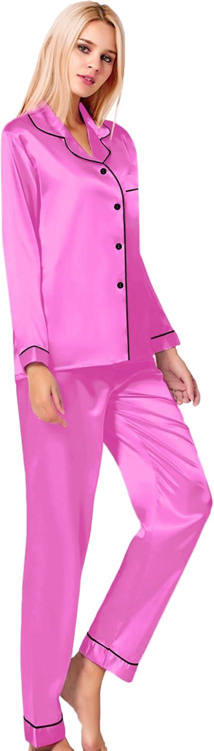 imageSWOMOG Womens Silk Satin Pajamas Set Long Sleeve Button Down Sleepwear 2 Piece Lounge Set Pj Set XS3XLBarbiecore