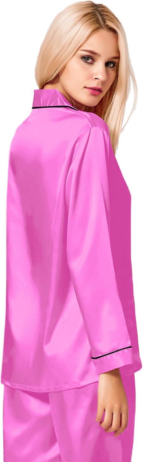 imageSWOMOG Womens Silk Satin Pajamas Set Long Sleeve Button Down Sleepwear 2 Piece Lounge Set Pj Set XS3XLBarbiecore