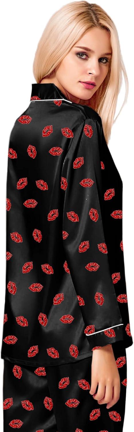 imageSWOMOG Womens Silk Satin Pajamas Set Long Sleeve Button Down Sleepwear 2 Piece Lounge Set Pj Set XS3XLBlack Kiss