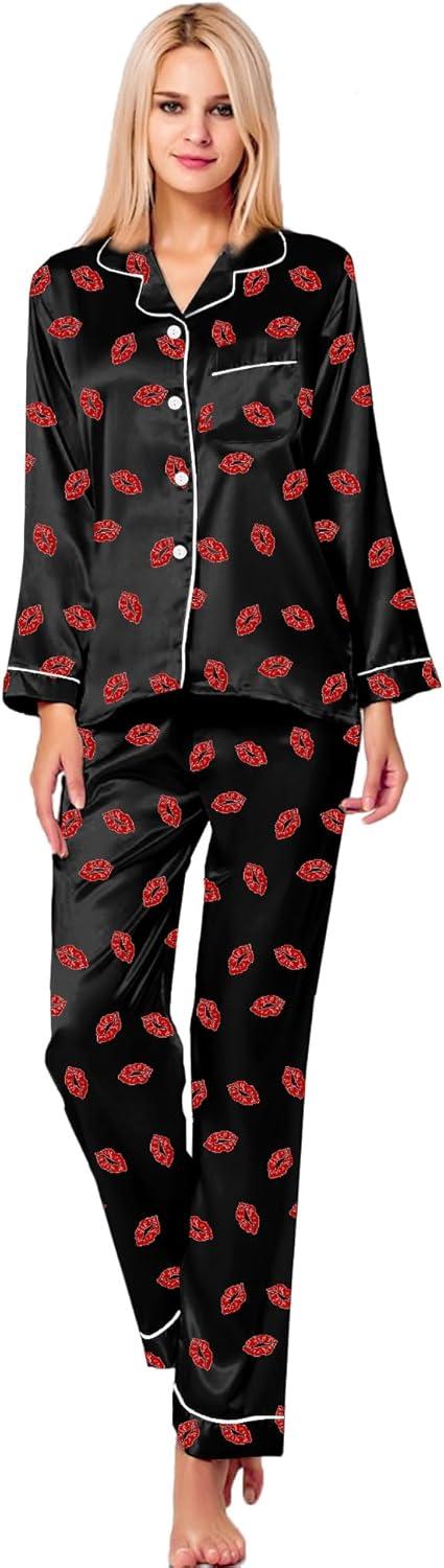 imageSWOMOG Womens Silk Satin Pajamas Set Long Sleeve Button Down Sleepwear 2 Piece Lounge Set Pj Set XS3XLBlack Kiss