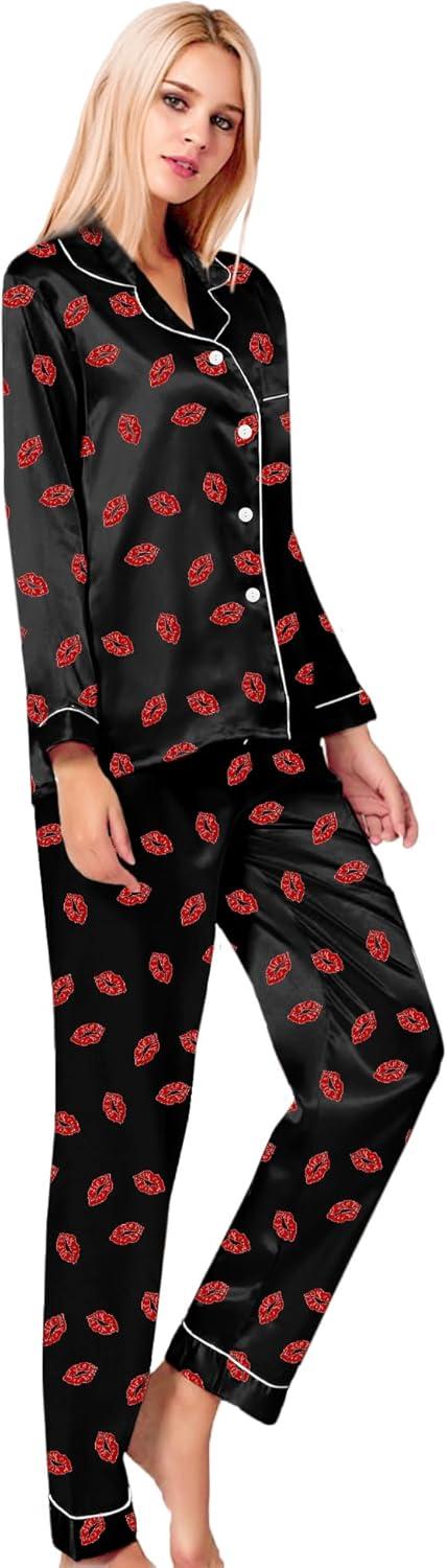 imageSWOMOG Womens Silk Satin Pajamas Set Long Sleeve Button Down Sleepwear 2 Piece Lounge Set Pj Set XS3XLBlack Kiss