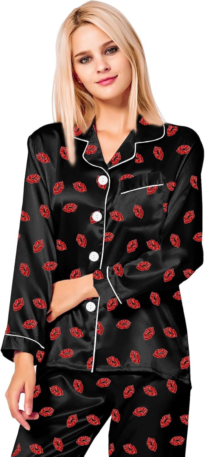 imageSWOMOG Womens Silk Satin Pajamas Set Long Sleeve Button Down Sleepwear 2 Piece Lounge Set Pj Set XS3XLBlack Kiss