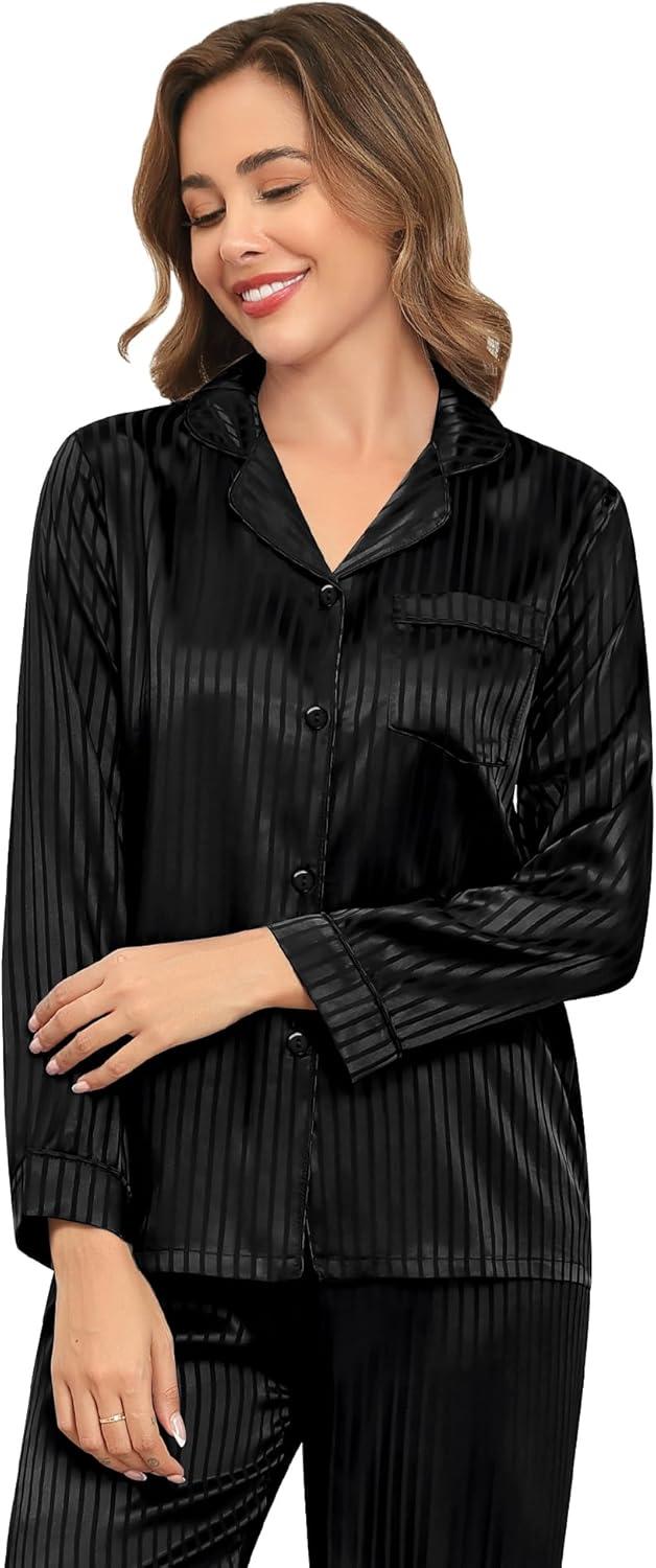 imageSWOMOG Womens Silk Satin Pajamas Set Long Sleeve Button Down Sleepwear 2 Piece Lounge Set Pj Set XS3XLBlack Pinstripes