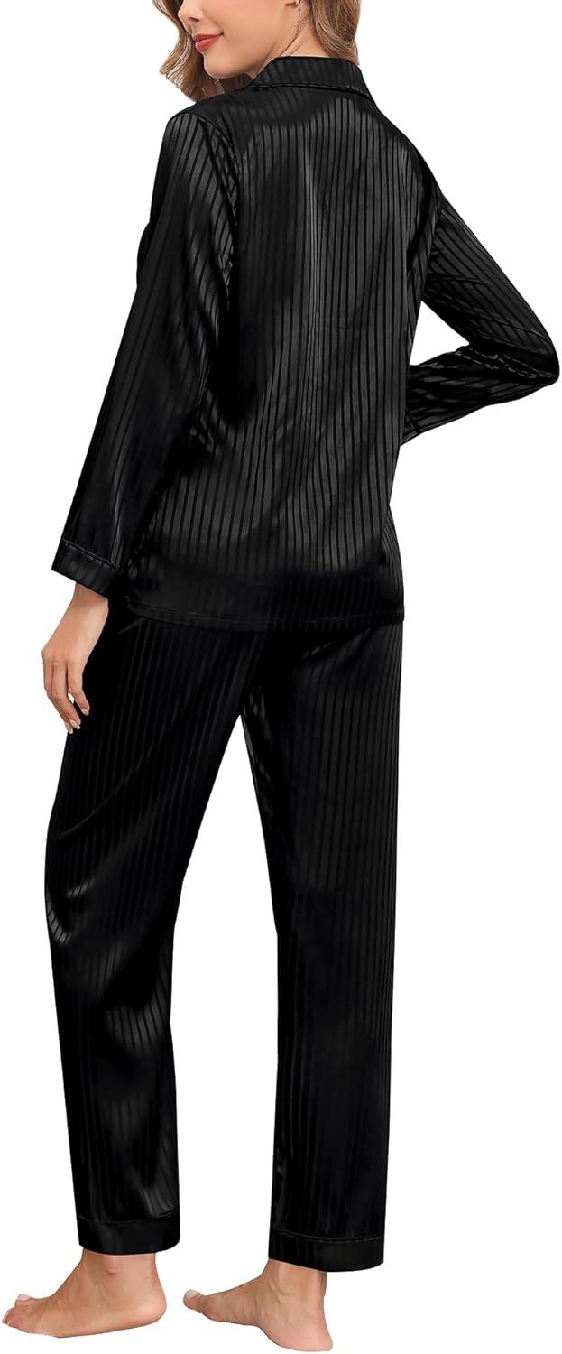 imageSWOMOG Womens Silk Satin Pajamas Set Long Sleeve Button Down Sleepwear 2 Piece Lounge Set Pj Set XS3XLBlack Pinstripes