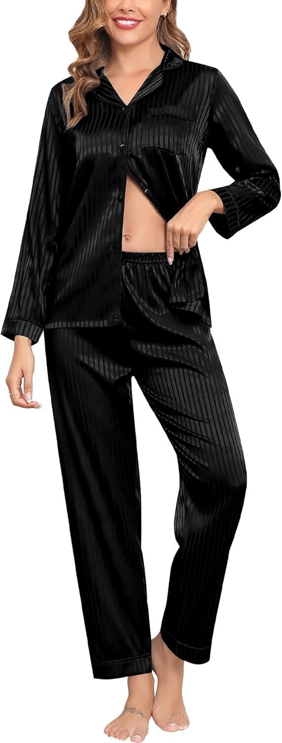imageSWOMOG Womens Silk Satin Pajamas Set Long Sleeve Button Down Sleepwear 2 Piece Lounge Set Pj Set XS3XLBlack Pinstripes