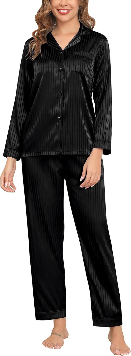 imageSWOMOG Womens Silk Satin Pajamas Set Long Sleeve Button Down Sleepwear 2 Piece Lounge Set Pj Set XS3XLBlack Pinstripes