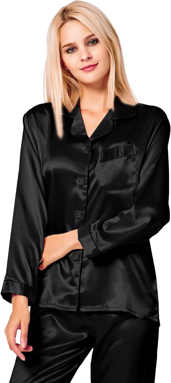imageSWOMOG Womens Silk Satin Pajamas Set Long Sleeve Button Down Sleepwear 2 Piece Lounge Set Pj Set XS3XLBlacka