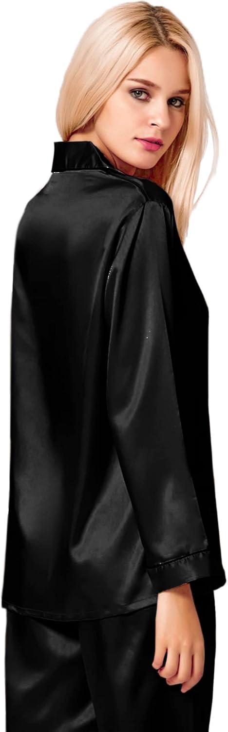 imageSWOMOG Womens Silk Satin Pajamas Set Long Sleeve Button Down Sleepwear 2 Piece Lounge Set Pj Set XS3XLBlacka
