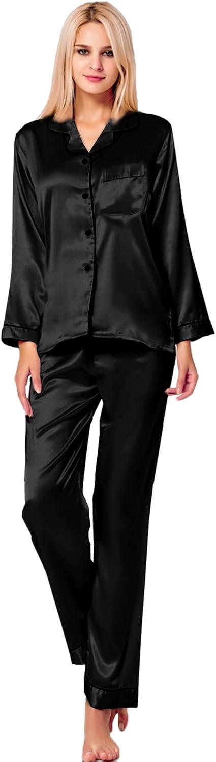 imageSWOMOG Womens Silk Satin Pajamas Set Long Sleeve Button Down Sleepwear 2 Piece Lounge Set Pj Set XS3XLBlacka