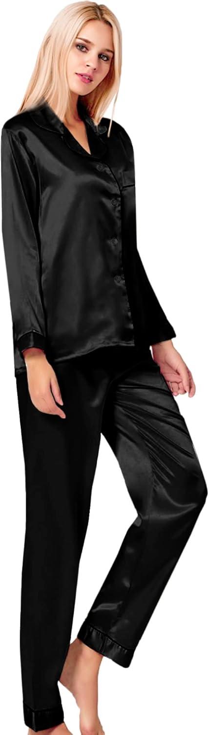 imageSWOMOG Womens Silk Satin Pajamas Set Long Sleeve Button Down Sleepwear 2 Piece Lounge Set Pj Set XS3XLBlacka