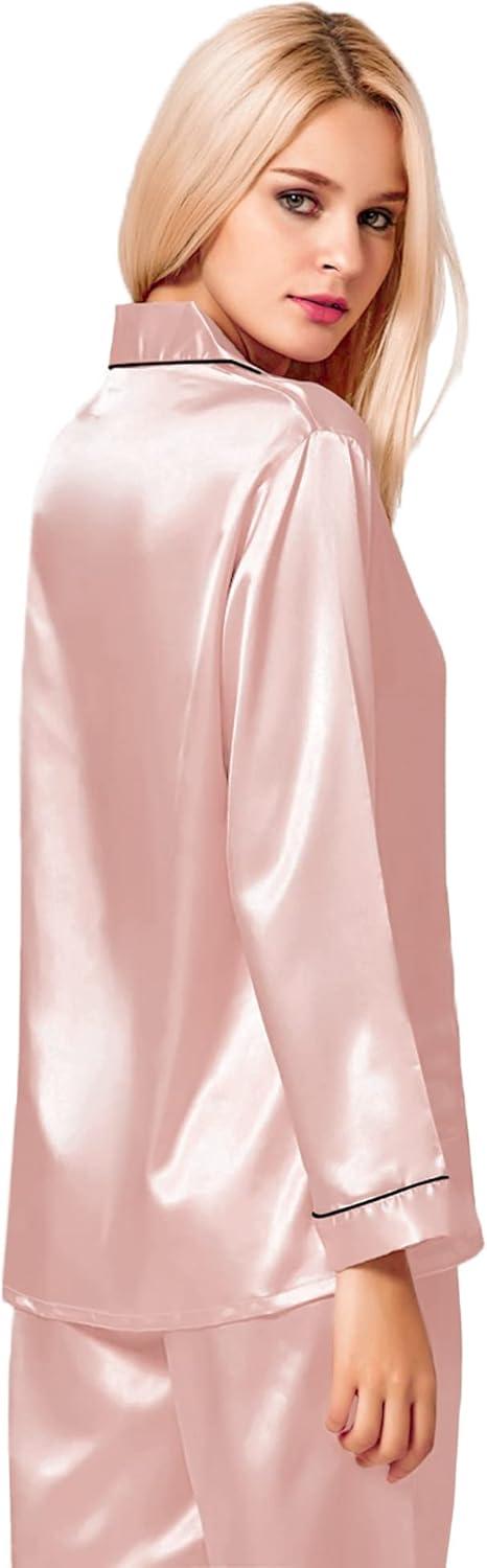 imageSWOMOG Womens Silk Satin Pajamas Set Long Sleeve Button Down Sleepwear 2 Piece Lounge Set Pj Set XS3XLBlush Pink