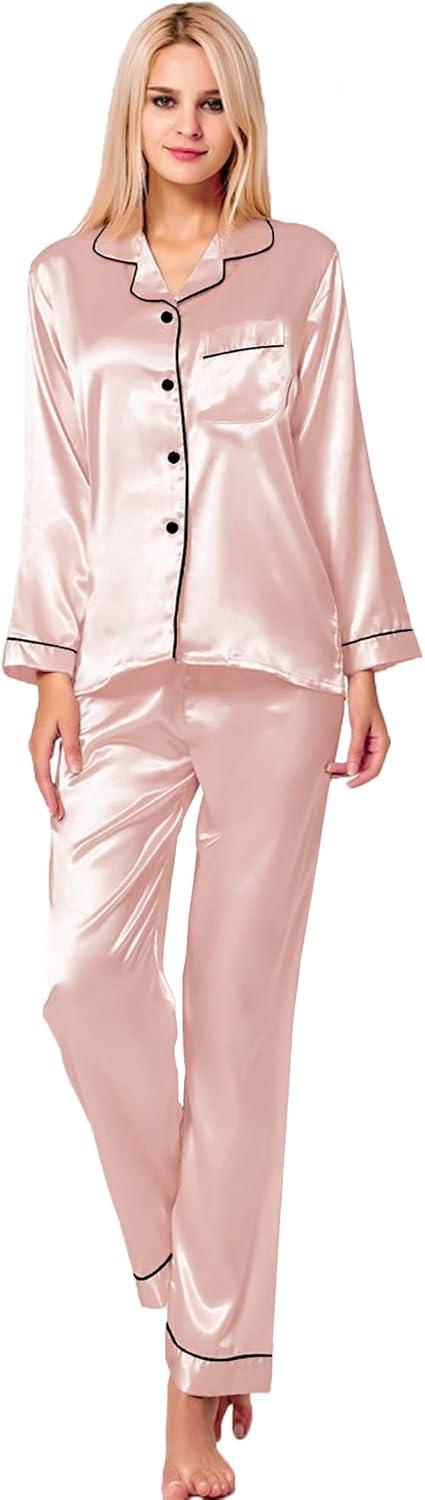 imageSWOMOG Womens Silk Satin Pajamas Set Long Sleeve Button Down Sleepwear 2 Piece Lounge Set Pj Set XS3XLBlush Pink