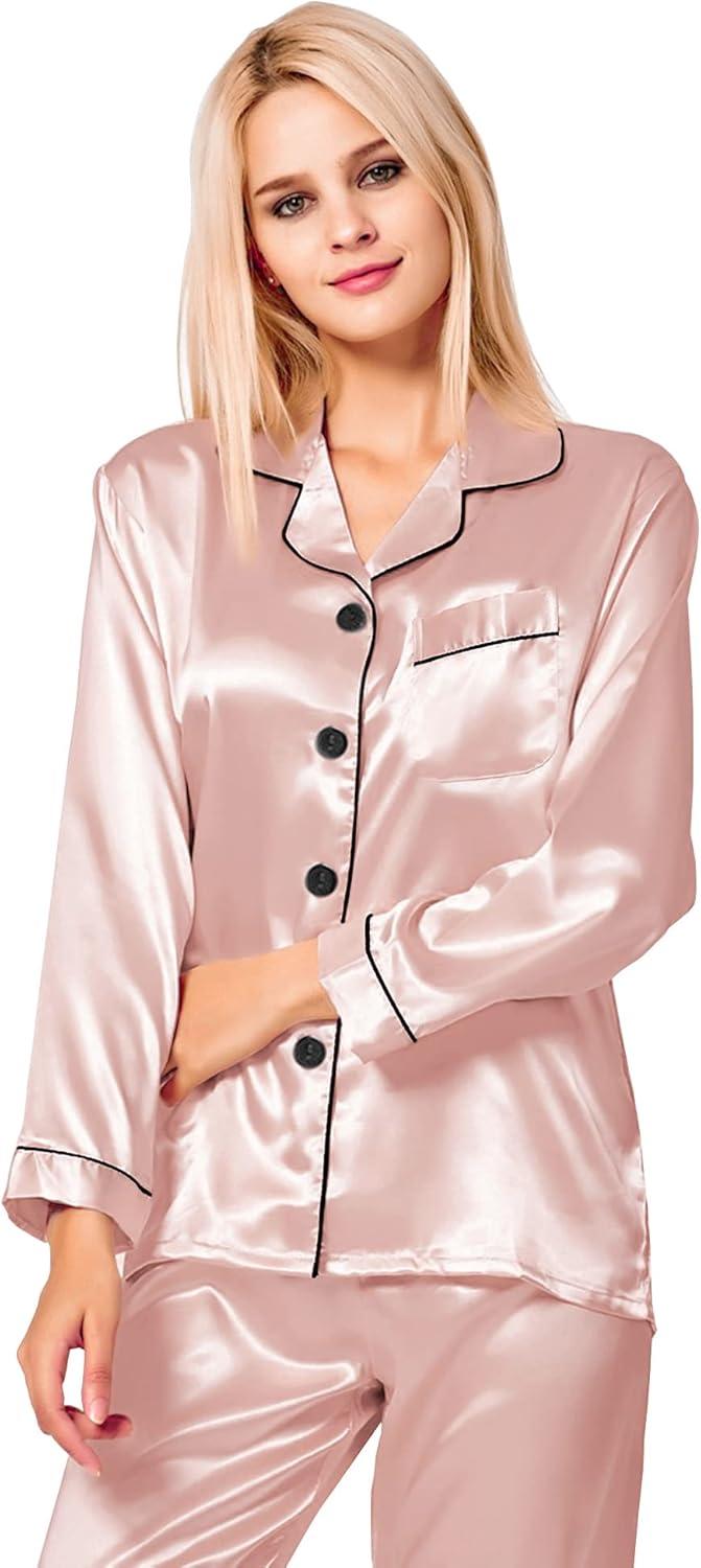 imageSWOMOG Womens Silk Satin Pajamas Set Long Sleeve Button Down Sleepwear 2 Piece Lounge Set Pj Set XS3XLBlush Pink