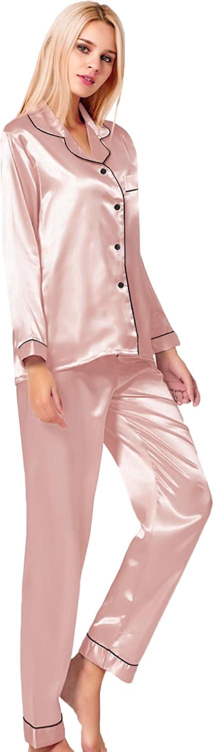 imageSWOMOG Womens Silk Satin Pajamas Set Long Sleeve Button Down Sleepwear 2 Piece Lounge Set Pj Set XS3XLBlush Pink