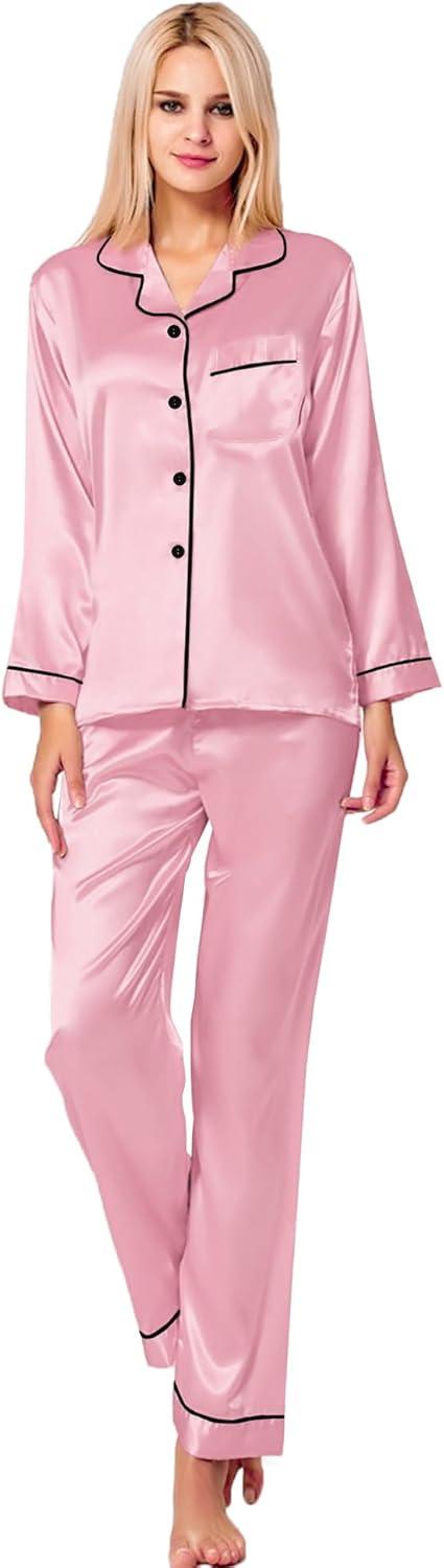 imageSWOMOG Womens Silk Satin Pajamas Set Long Sleeve Button Down Sleepwear 2 Piece Lounge Set Pj Set XS3XLCarnation Pink