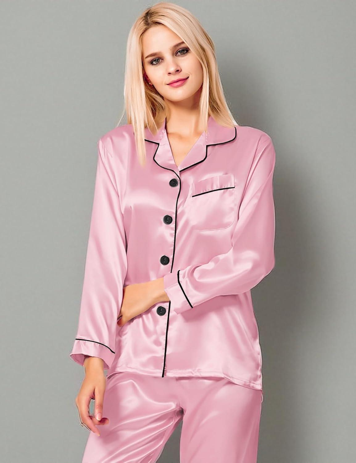 imageSWOMOG Womens Silk Satin Pajamas Set Long Sleeve Button Down Sleepwear 2 Piece Lounge Set Pj Set XS3XLCarnation Pink