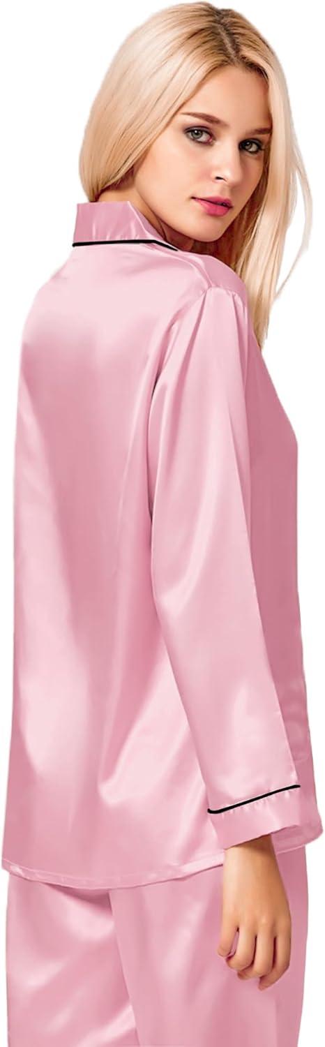 imageSWOMOG Womens Silk Satin Pajamas Set Long Sleeve Button Down Sleepwear 2 Piece Lounge Set Pj Set XS3XLCarnation Pink