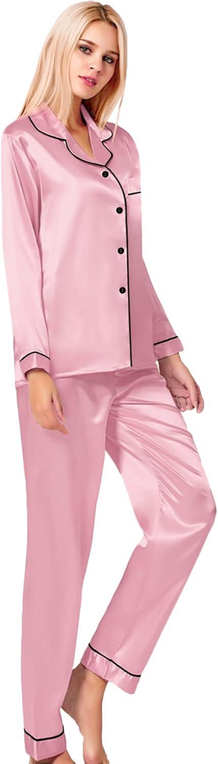 imageSWOMOG Womens Silk Satin Pajamas Set Long Sleeve Button Down Sleepwear 2 Piece Lounge Set Pj Set XS3XLCarnation Pink
