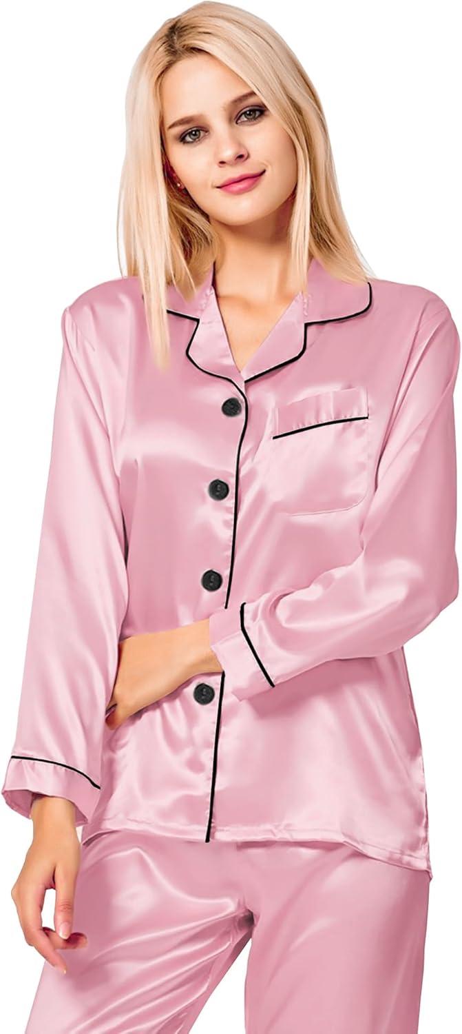 imageSWOMOG Womens Silk Satin Pajamas Set Long Sleeve Button Down Sleepwear 2 Piece Lounge Set Pj Set XS3XLCarnation Pink