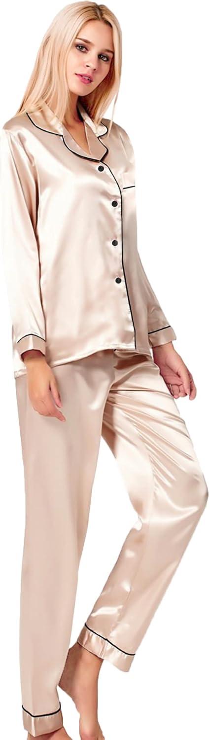 imageSWOMOG Womens Silk Satin Pajamas Set Long Sleeve Button Down Sleepwear 2 Piece Lounge Set Pj Set XS3XLChampagne
