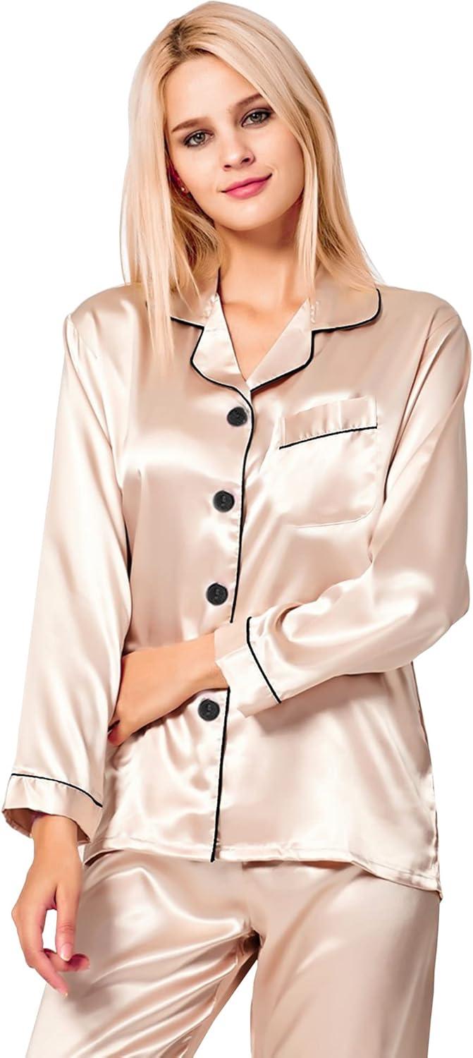 imageSWOMOG Womens Silk Satin Pajamas Set Long Sleeve Button Down Sleepwear 2 Piece Lounge Set Pj Set XS3XLChampagne