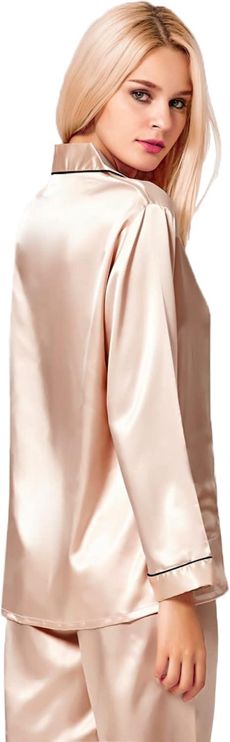 imageSWOMOG Womens Silk Satin Pajamas Set Long Sleeve Button Down Sleepwear 2 Piece Lounge Set Pj Set XS3XLChampagne