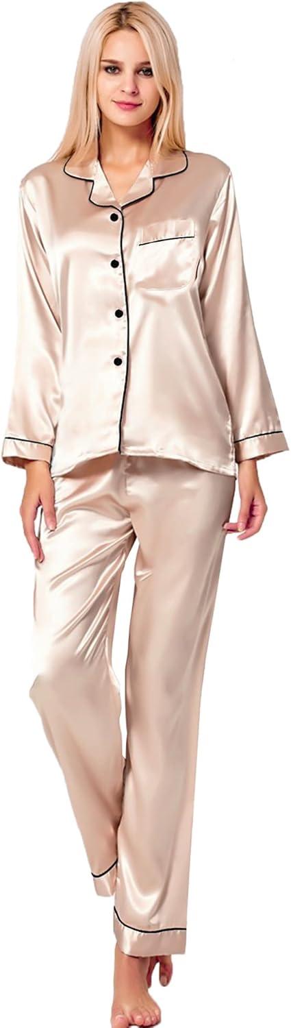 imageSWOMOG Womens Silk Satin Pajamas Set Long Sleeve Button Down Sleepwear 2 Piece Lounge Set Pj Set XS3XLChampagne