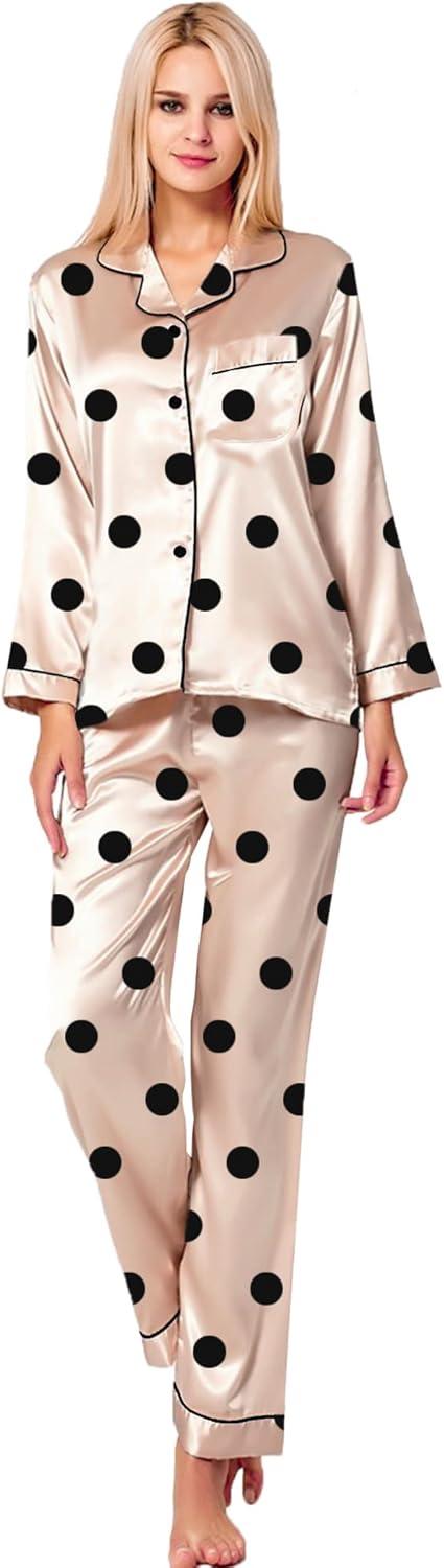 imageSWOMOG Womens Silk Satin Pajamas Set Long Sleeve Button Down Sleepwear 2 Piece Lounge Set Pj Set XS3XLChampagne Points