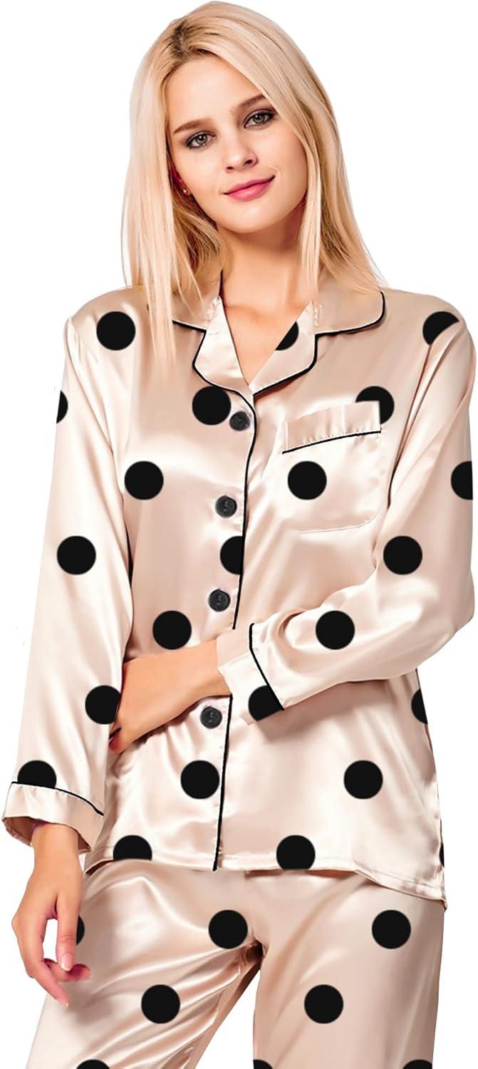 imageSWOMOG Womens Silk Satin Pajamas Set Long Sleeve Button Down Sleepwear 2 Piece Lounge Set Pj Set XS3XLChampagne Points