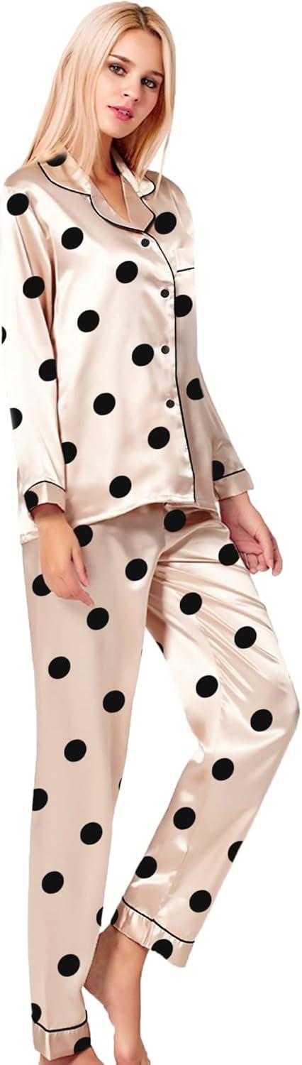 imageSWOMOG Womens Silk Satin Pajamas Set Long Sleeve Button Down Sleepwear 2 Piece Lounge Set Pj Set XS3XLChampagne Points