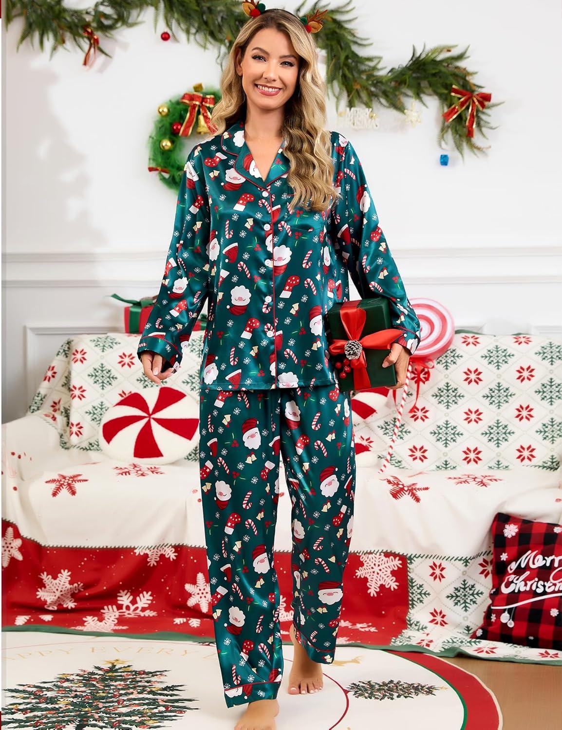 imageSWOMOG Womens Silk Satin Pajamas Set Long Sleeve Button Down Sleepwear 2 Piece Lounge Set Pj Set XS3XLChristmas Delight Print
