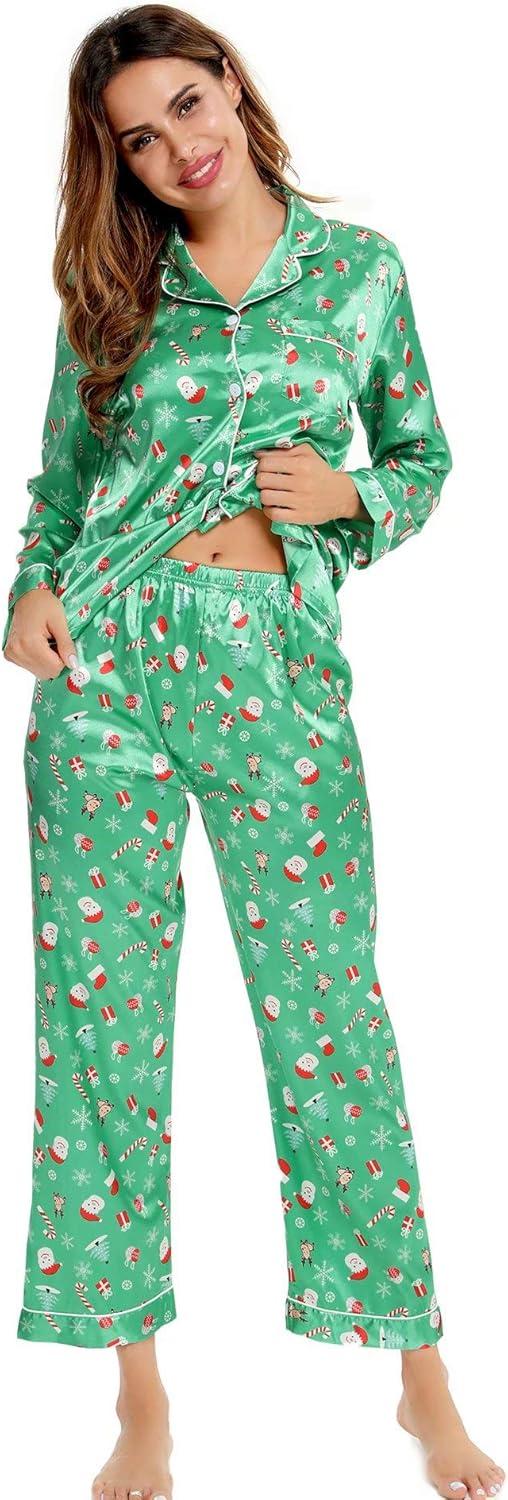imageSWOMOG Womens Silk Satin Pajamas Set Long Sleeve Button Down Sleepwear 2 Piece Lounge Set Pj Set XS3XLChristmas Gift Green