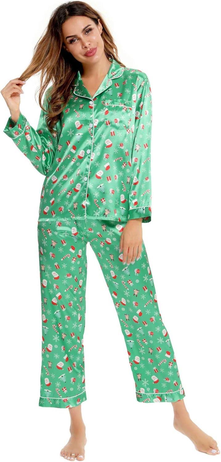 imageSWOMOG Womens Silk Satin Pajamas Set Long Sleeve Button Down Sleepwear 2 Piece Lounge Set Pj Set XS3XLChristmas Gift Green